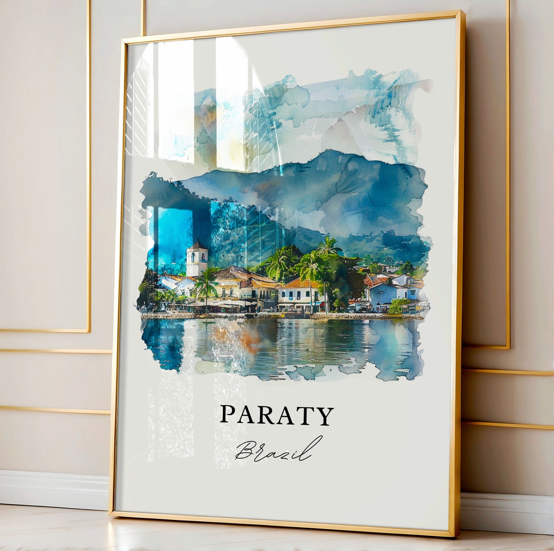 Paraty Brazil Coastal Town Bay Mountain Reflection Watercolor Poster - Image 4