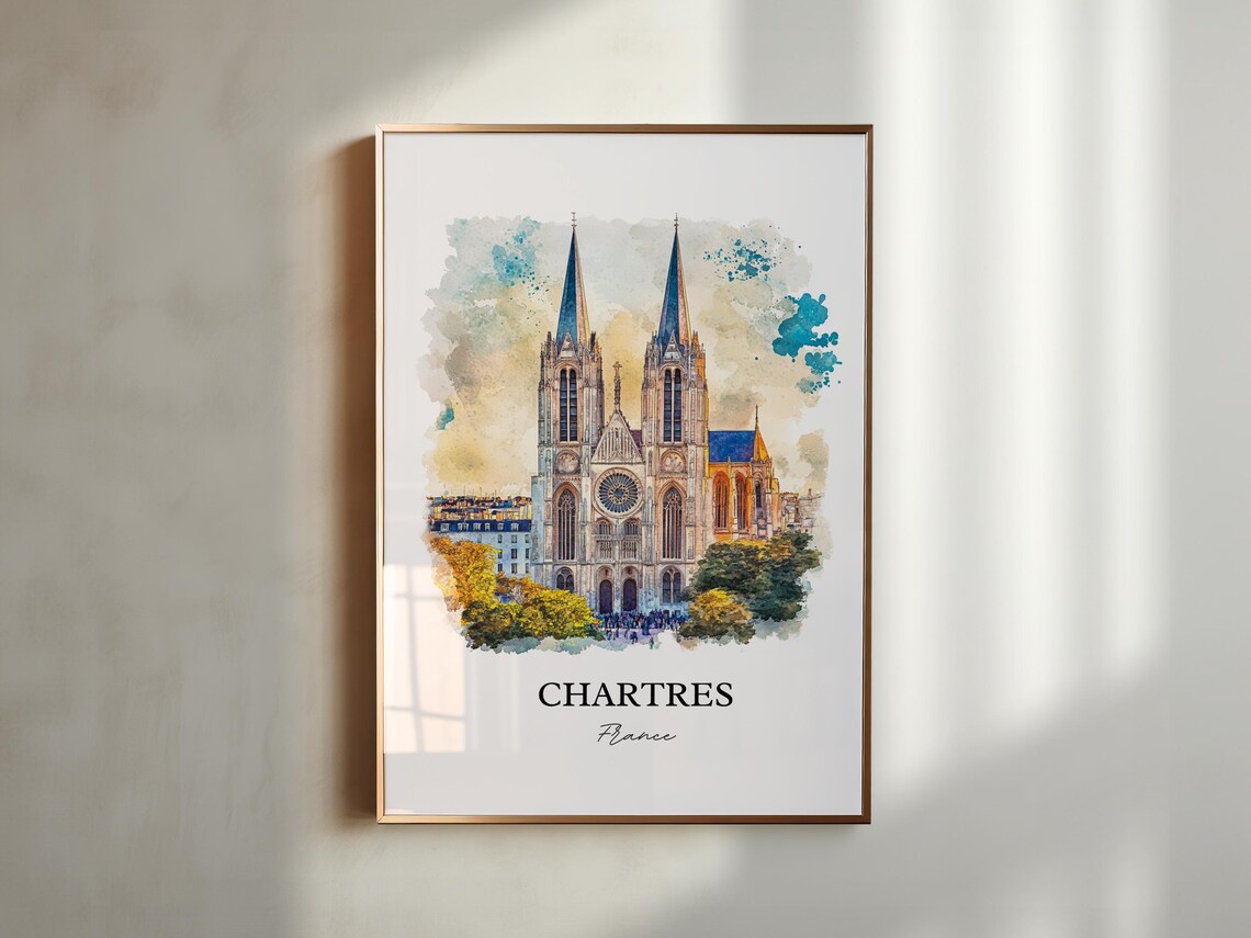 Chartres France Watercolor Cathedral Twin Spires Gothic Facade Poster - Image 5