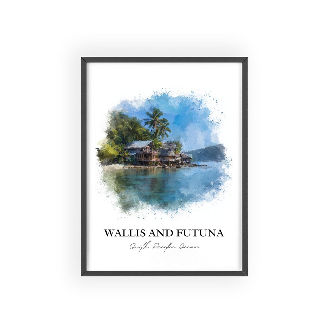 Wallis and Futuna South Pacific Seaside Village Watercolor Poster - Image 3