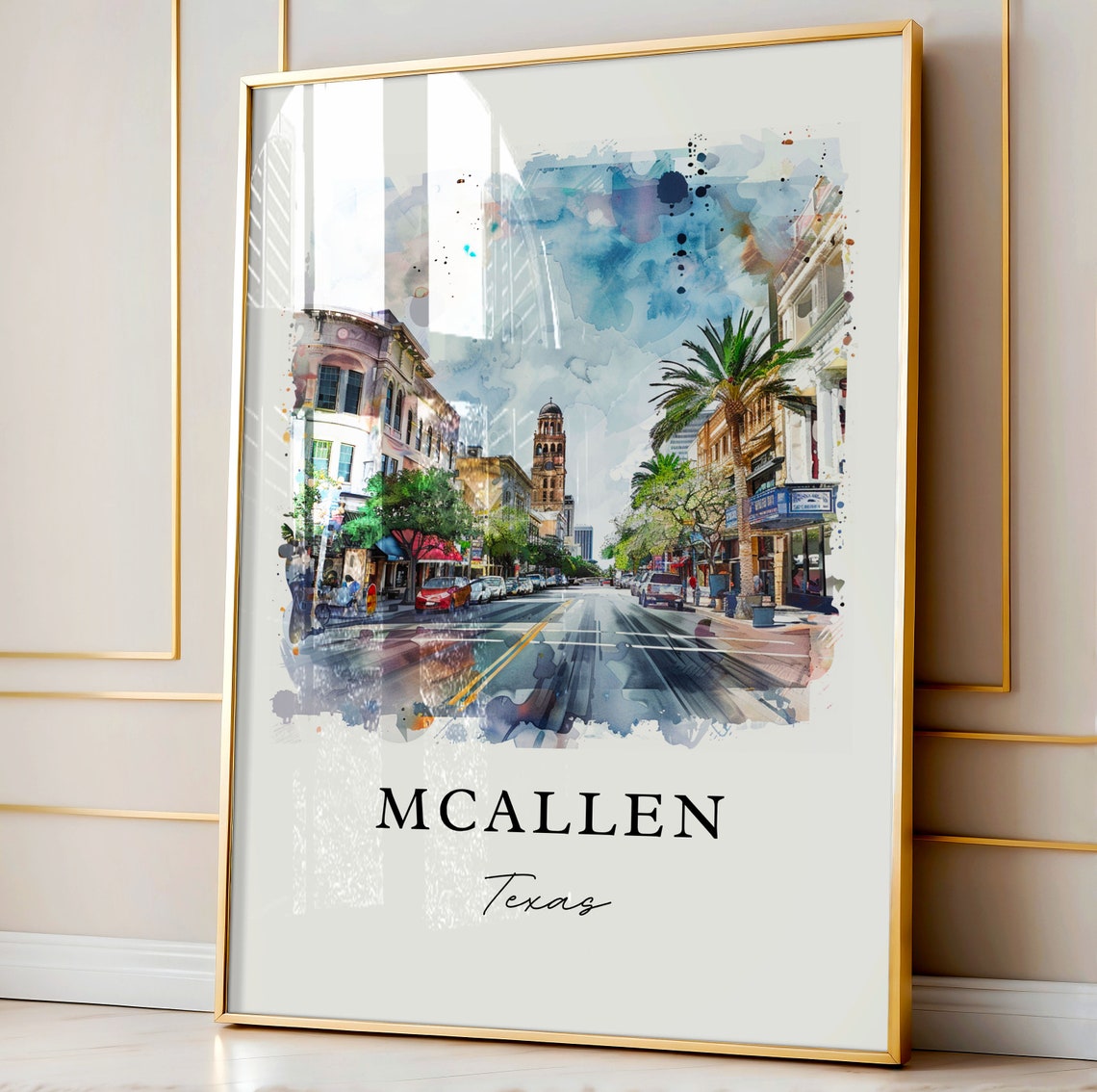 McAllen Texas Watercolor Main Street Palm Tree Clock Tower Poster - Image 3