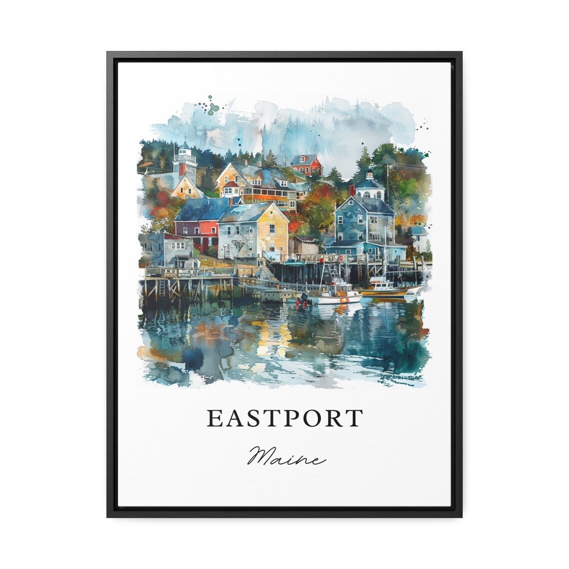 Eastport Maine Colorful Harbor Village Waterfront Watercolor Poster - Image 3