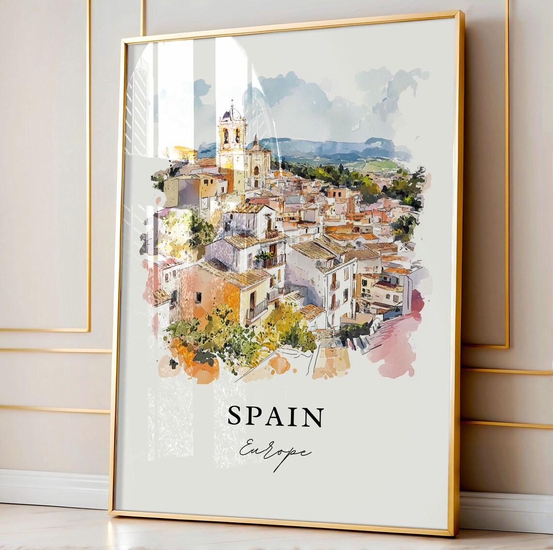 Spain Europe White Hilltop Village Watercolor Old Town Poster - Image 4