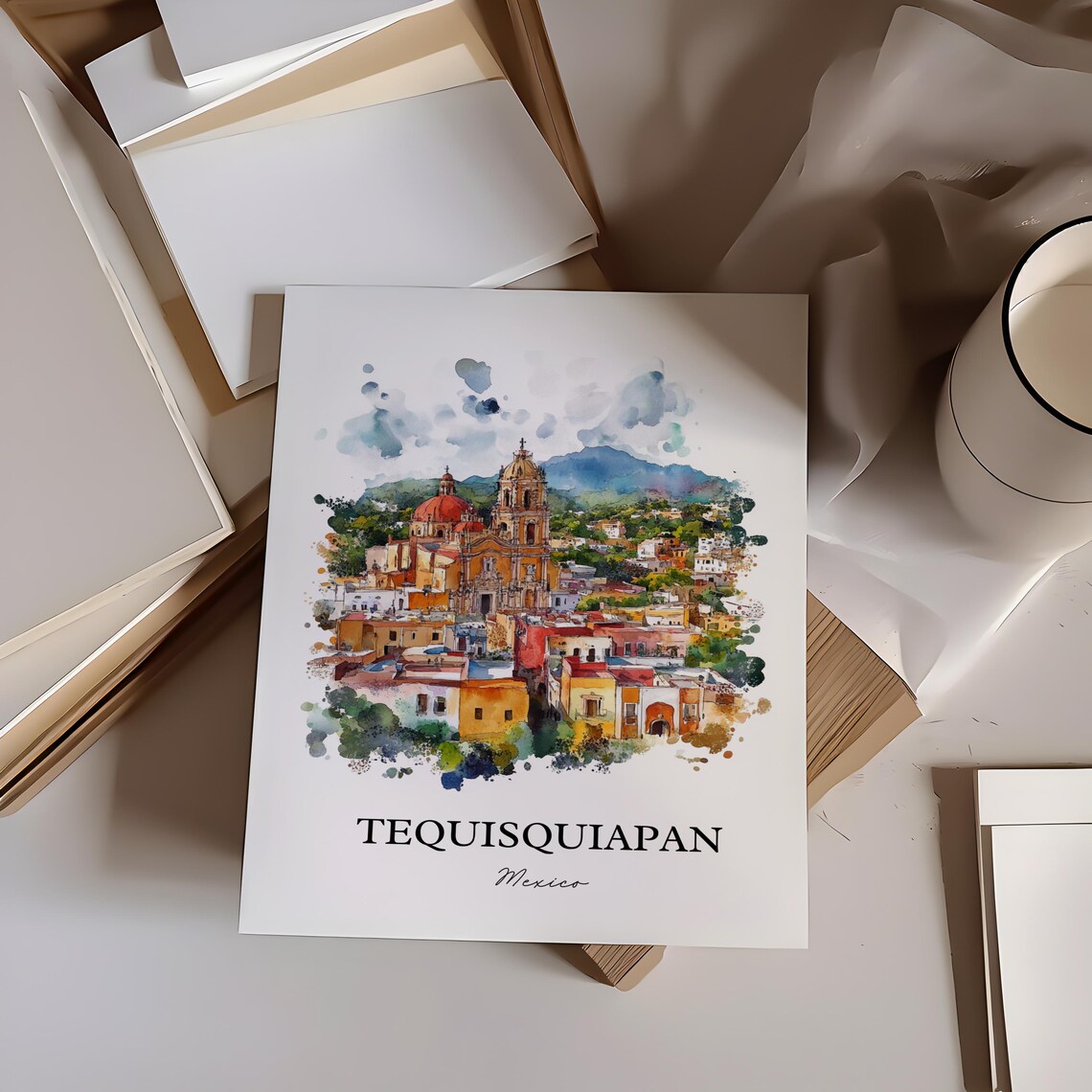 Tequisquiapan Mexico Watercolor Church Red Domes Town View Poster - Image 3