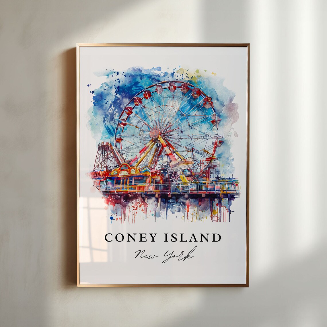 Coney Island New York Wonder Wheel Ferris Wheel Watercolor Poster