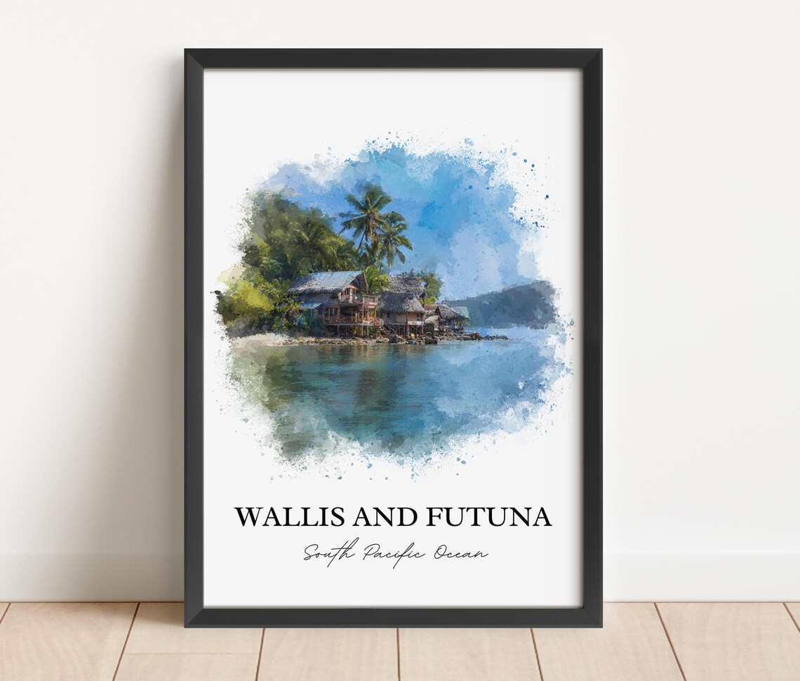 Wallis and Futuna South Pacific Seaside Village Watercolor Poster - Image 6