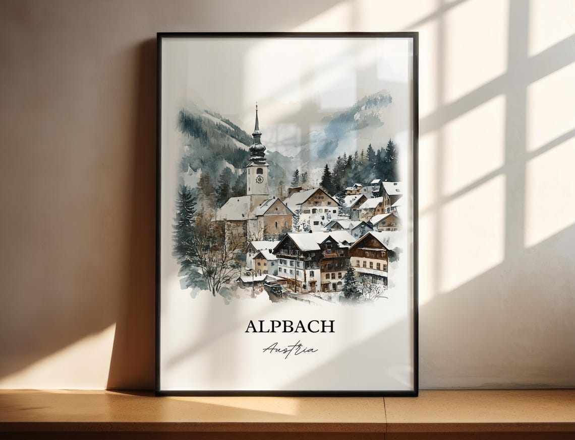 Alpbach Austria Watercolor Snowy Alpine Village Church Winter Poster