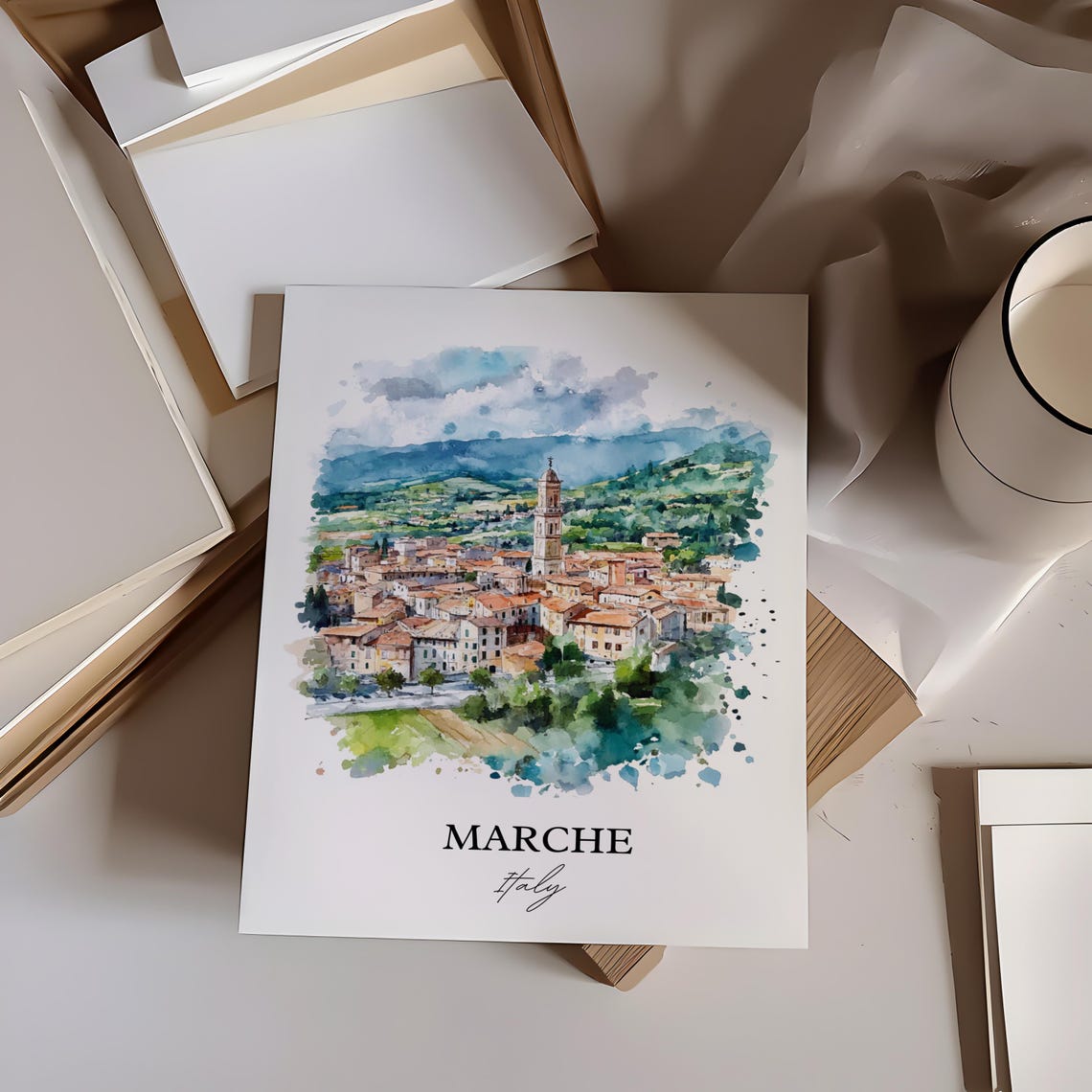 Marche Italy Hill Town Countryside Watercolor Scenic Travel Poster - Image 2