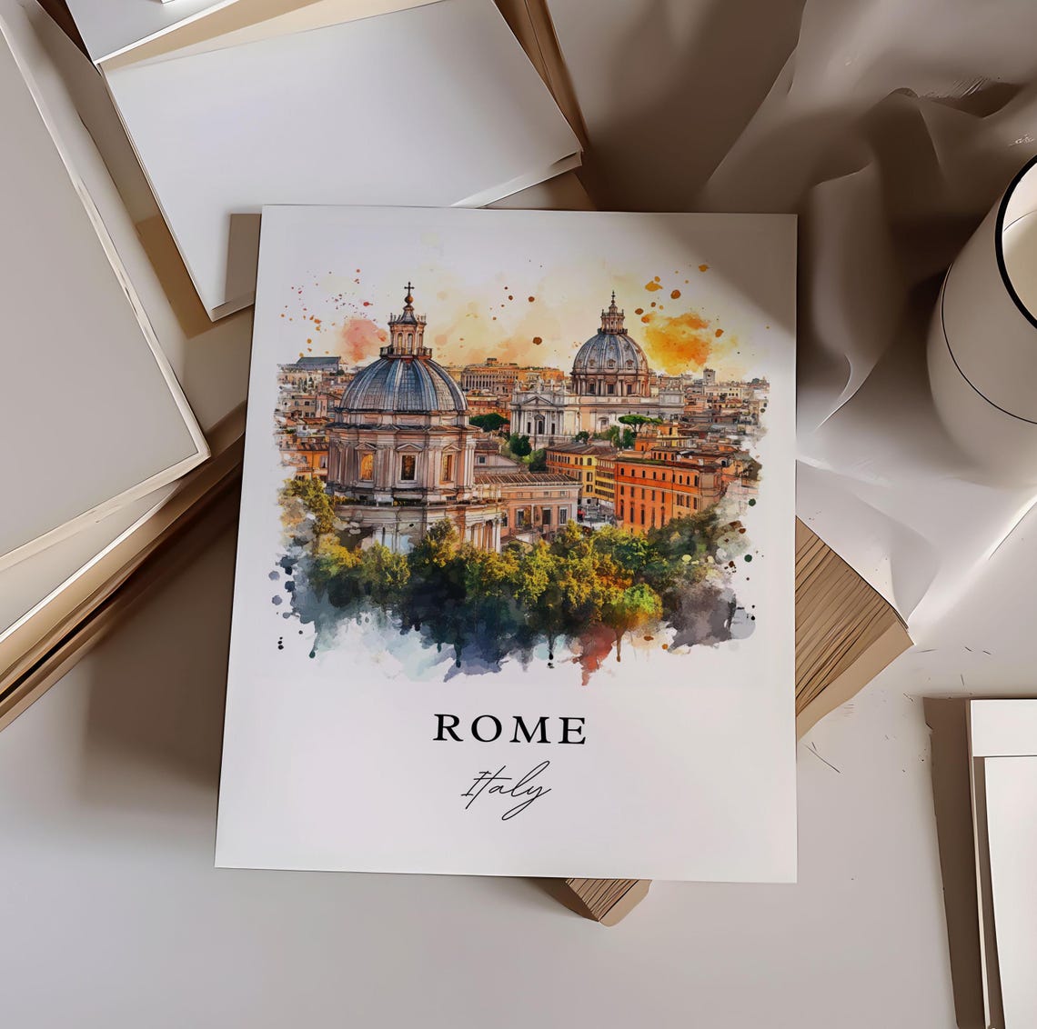 Rome Italy Watercolor Skyline Travel Poster
