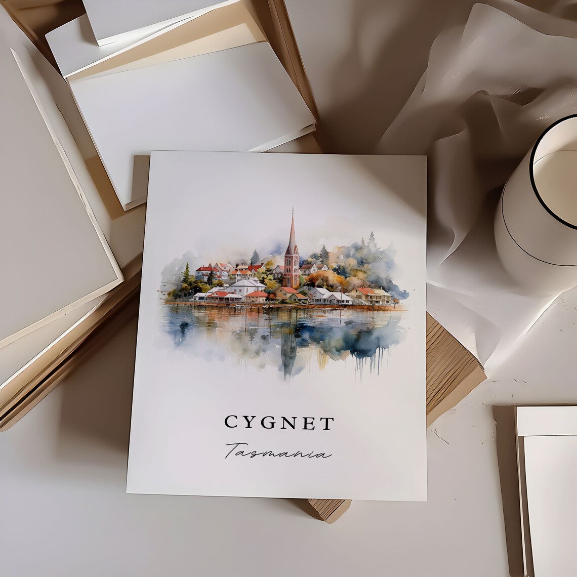 Cygnet Tasmania Harbor Town Church Spire Watercolor Travel Print - Image 6