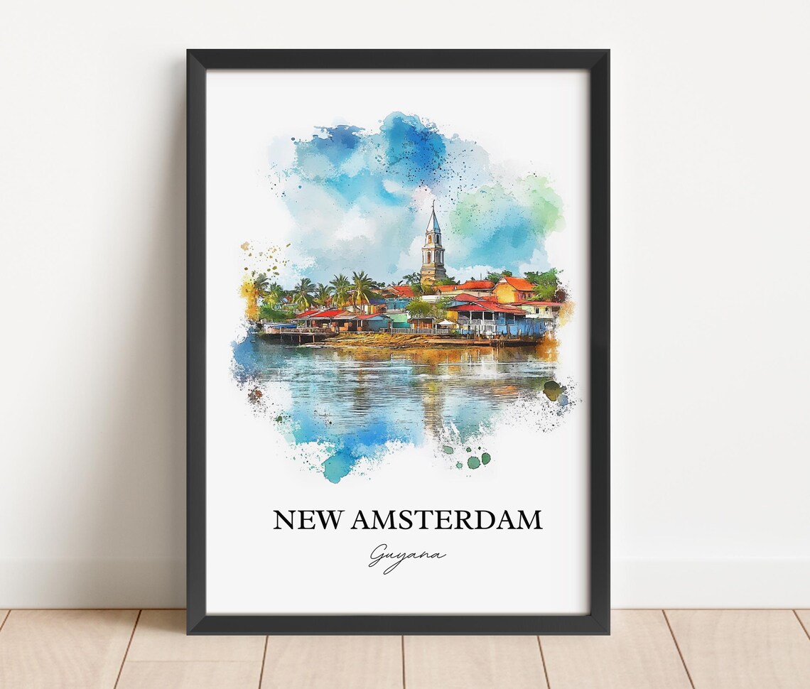 New Amsterdam Guyana Watercolor Waterfront Town Church Poster - Image 5
