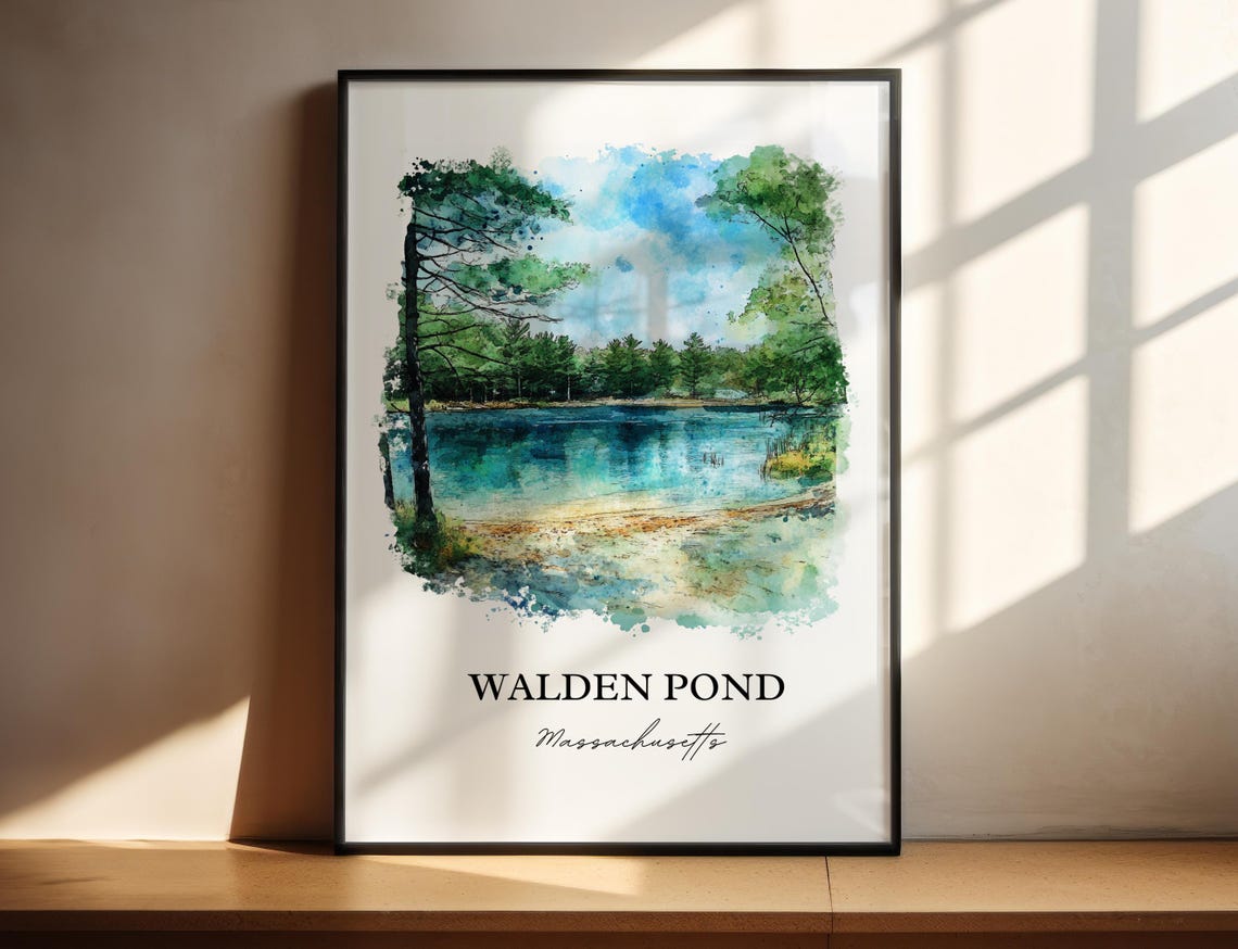 Walden Pond Massachusetts Tranquil Lake Pines Watercolor Poster
