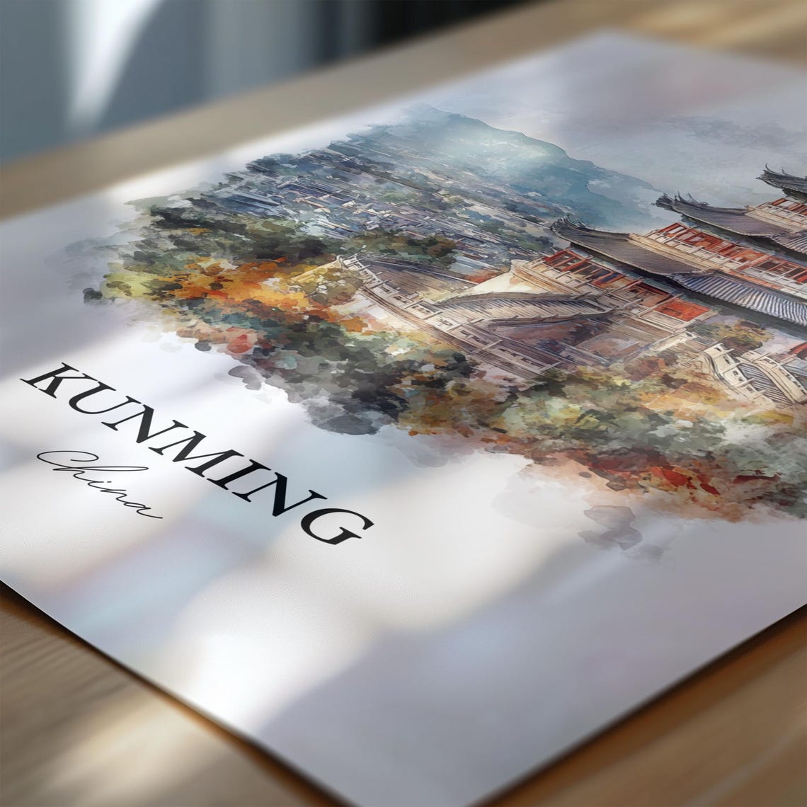 Kunming China Watercolor Pagoda Hills City Skyline View Poster - Image 7