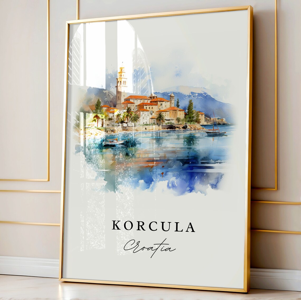 Korcula Croatia Island Old Town Bell Tower Watercolor Poster - Image 3