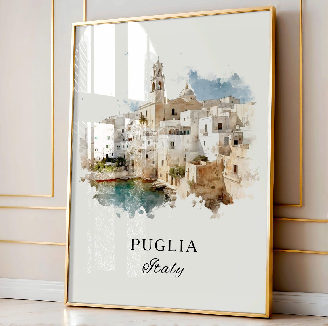 Puglia Italy Whitewashed Hilltop Old Town Coast Watercolor Poster - Image 3