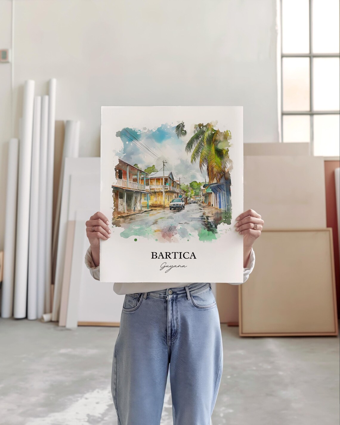 Bartica Guyana Watercolor Tropical Street Palm Houses Scenic Poster - Image 4