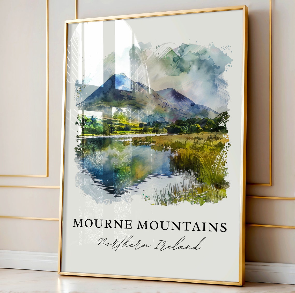 Mourne Mountains Northern Ireland Lake Reflection Watercolor Poster - Image 4