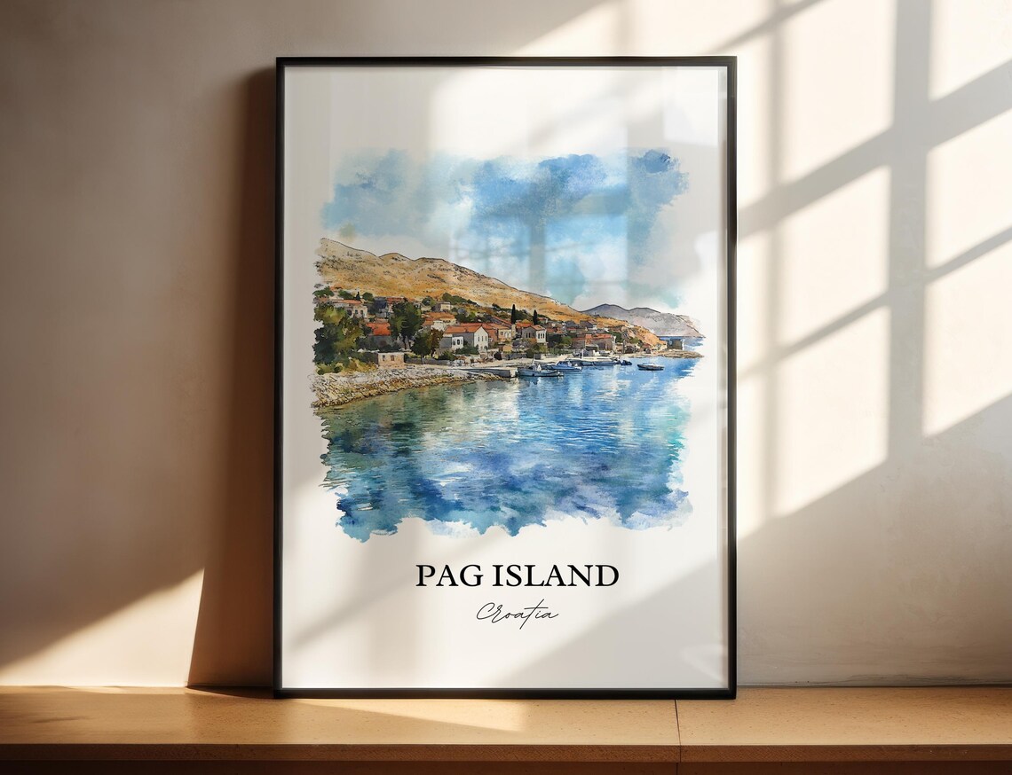 Pag Island Croatia Hillside Coastal Village Watercolor Poster