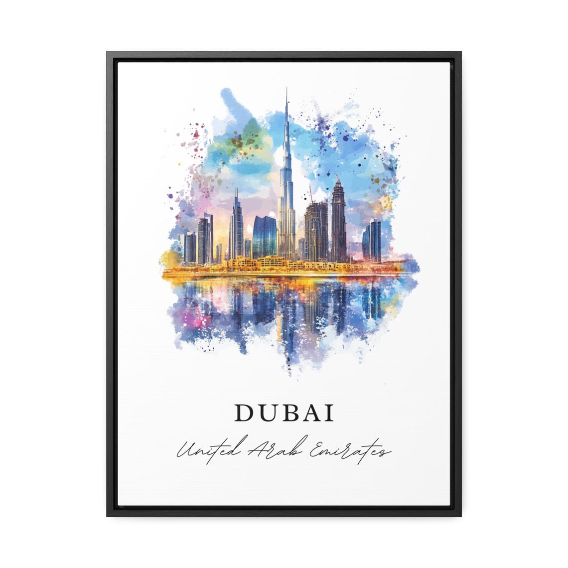 Dubai UAE Burj Khalifa Skyline Reflection Watercolor Travel Poster - Image 3