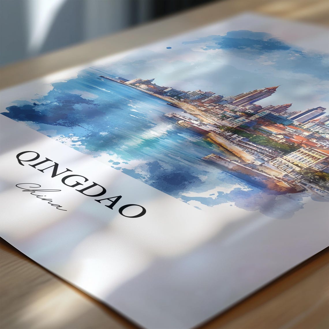 Qingdao China Watercolor Harbor Skyline Blue Sea View Poster - Image 7