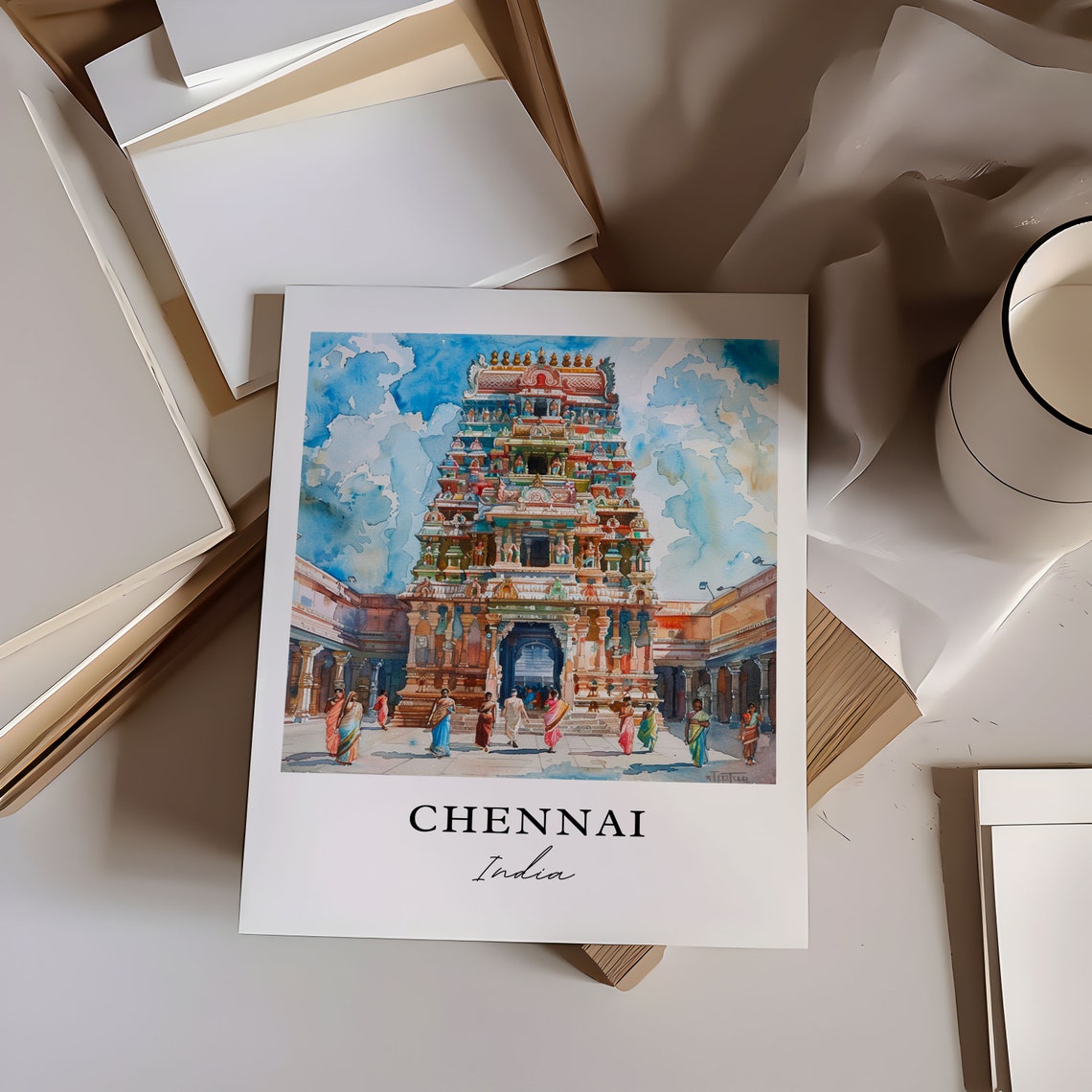 Chennai India Colorful Temple Gopuram Watercolor Travel Poster - Image 6