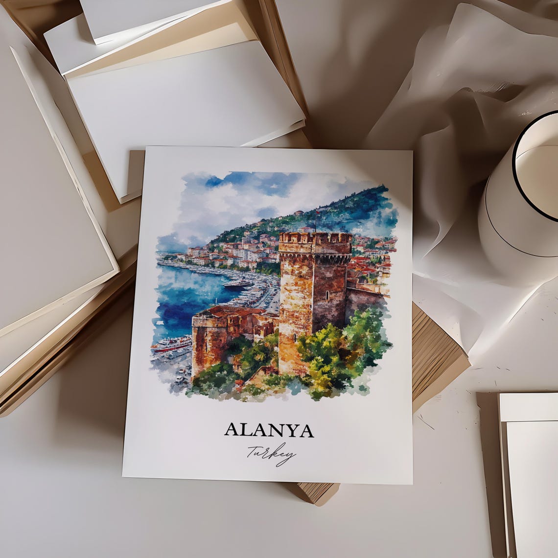 Alanya Turkey Watercolor Red Tower Castle Harbor Travel Poster - Image 3