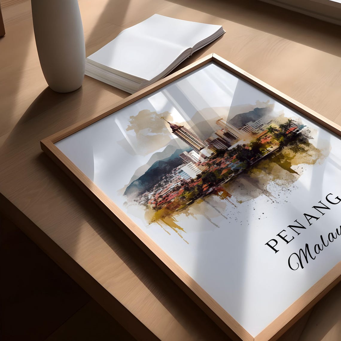 Penang Malaysia Watercolor Skyline Harbor Mountain View Poster - Image 4
