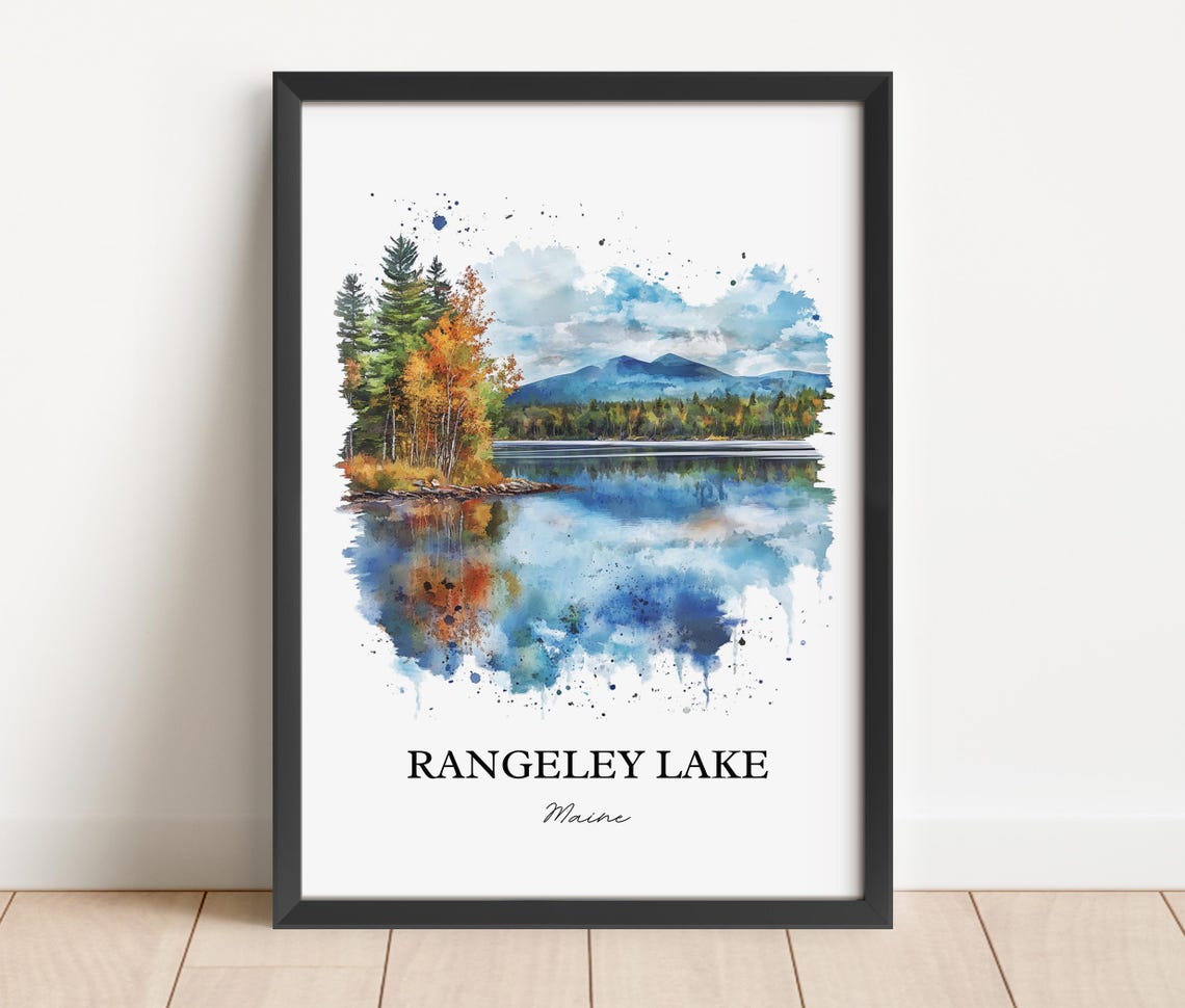 Rangeley Lake Maine Watercolor Fall Foliage Mountain Lake Poster - Image 2