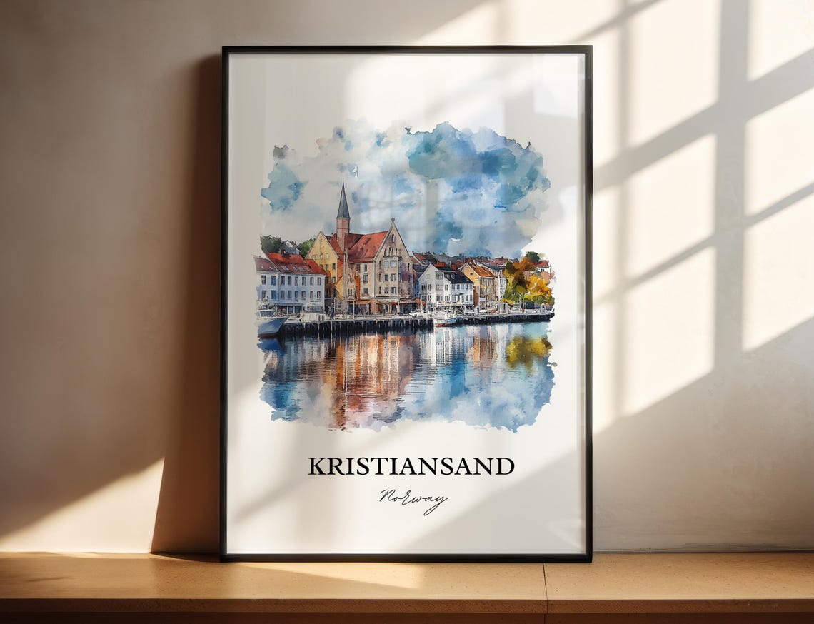 Kristiansand Norway Watercolor Harbor Town Church Travel Poster