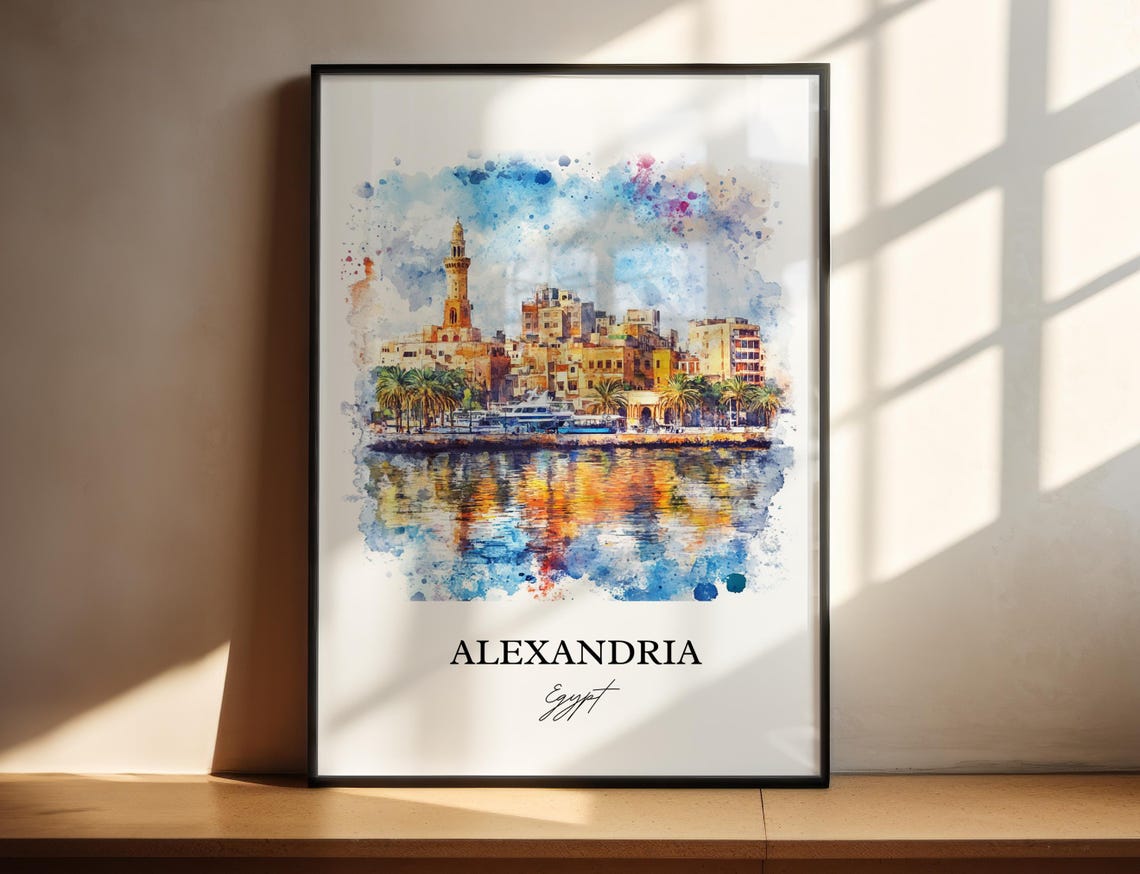 Alexandria Egypt Watercolor Mediterranean Harbor Skyline Poster
