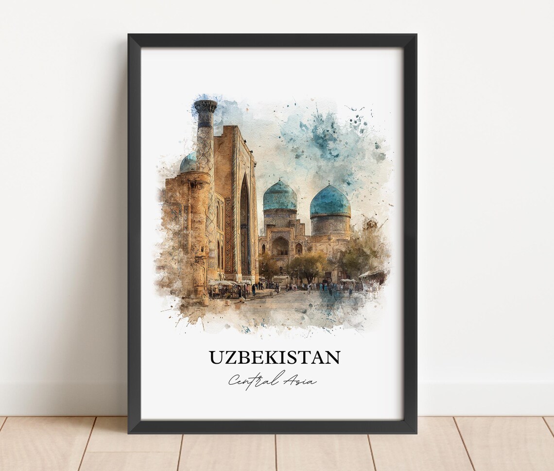 Uzbekistan Central Asia Watercolor Art Blue Dome Madrasa Poster - Image 3