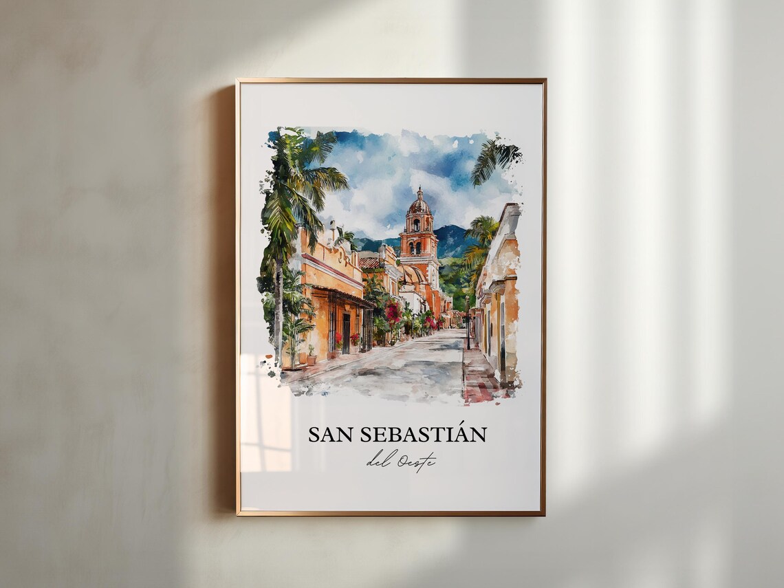 San Sebastian del Oeste Mexico Palm Street Church Watercolor Poster - Image 4