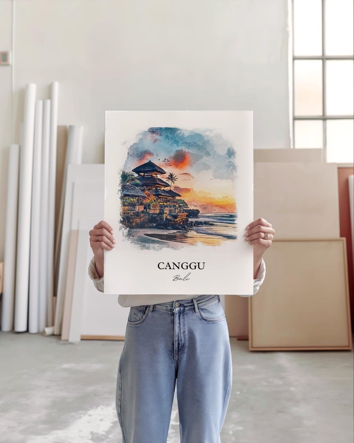 Canggu Bali Watercolor Sunset Beach Temple Golden Glow Poster - Image 4