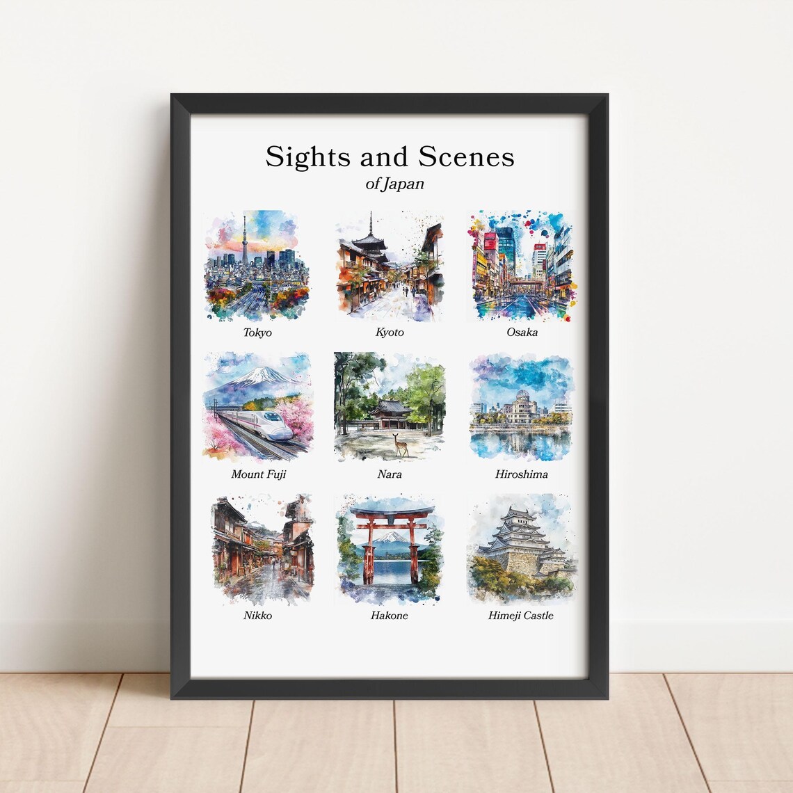 Sights and Scenes of Japan Watercolor Nine Landmarks Travel Poster