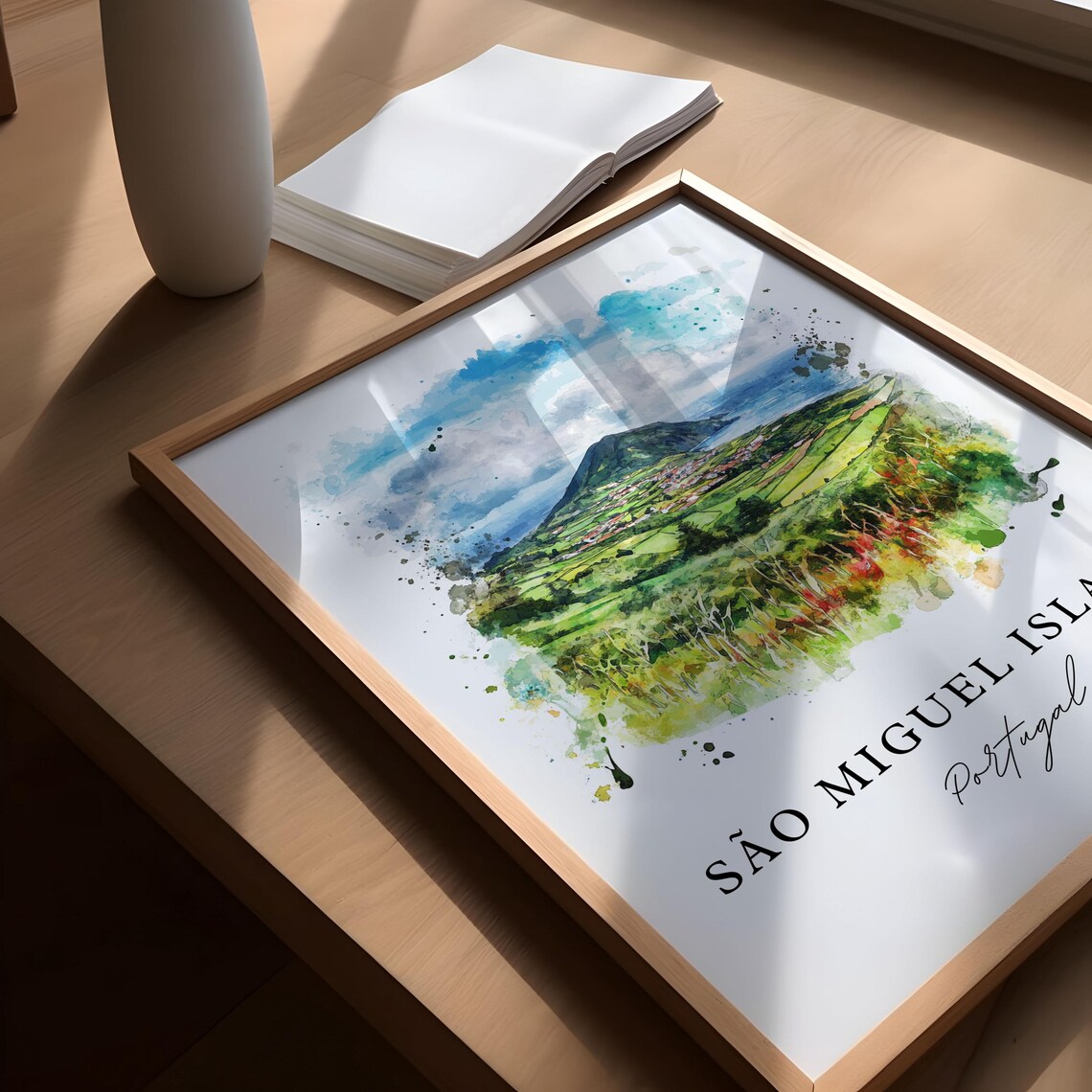 Sao Miguel Island Portugal Watercolor Green Hills Coast Poster - Image 5