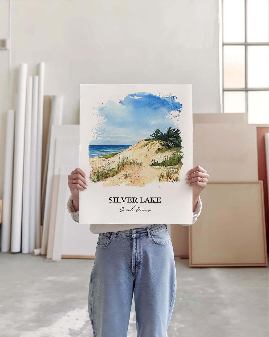 Silver Lake Sand Dunes Watercolor Beach Dune Scene Art Poster - Image 6