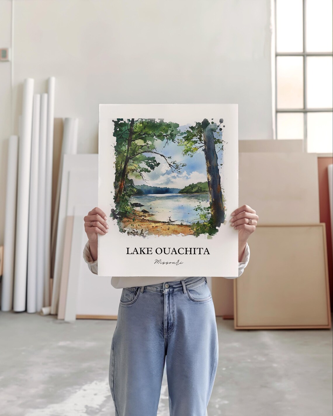 Lake Ouachita Missouri Tall Pine Trees Lakeside Watercolor Poster - Image 5