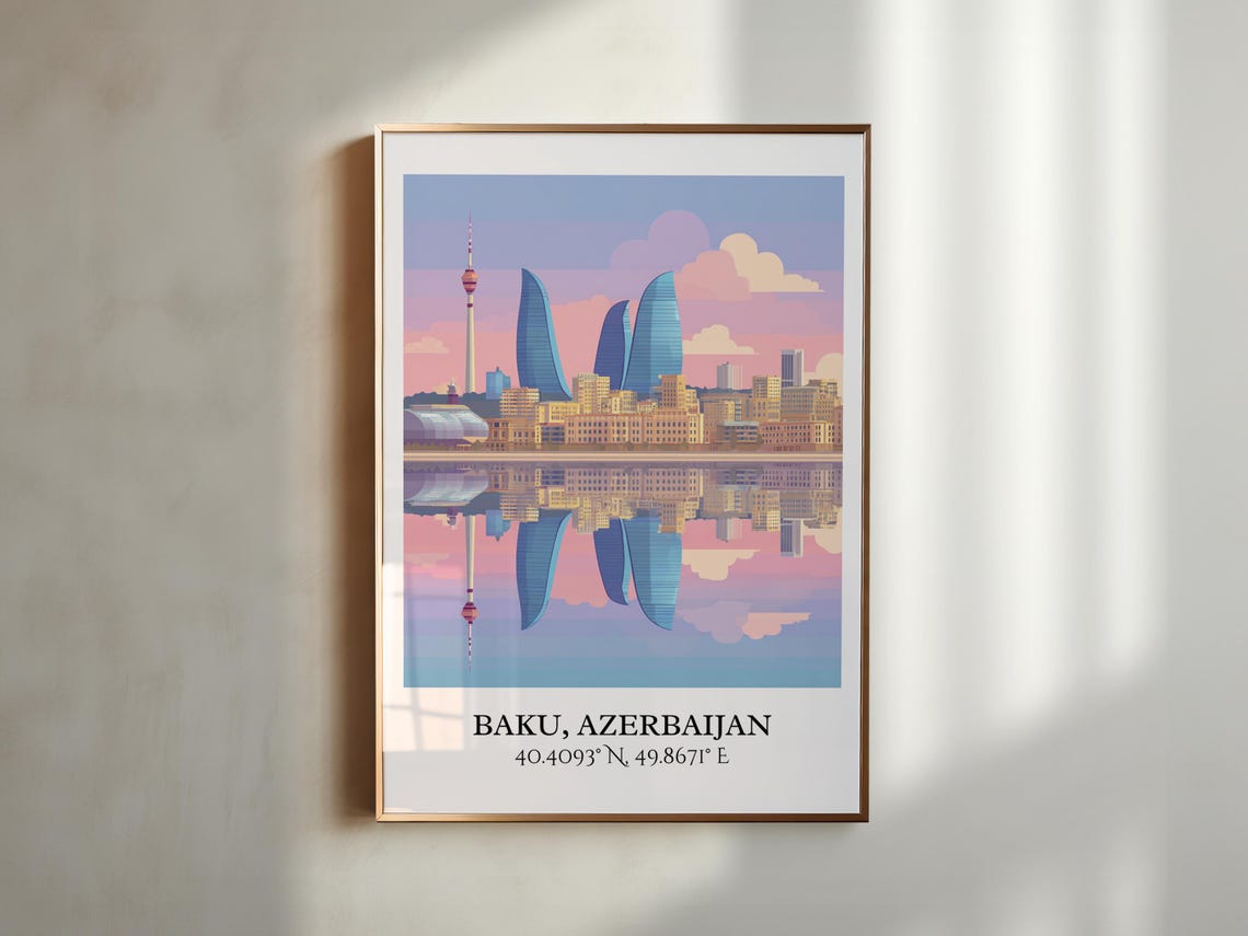 Baku Azerbaijan Flame Towers Waterfront Reflection Retro Travel Poster - Image 6