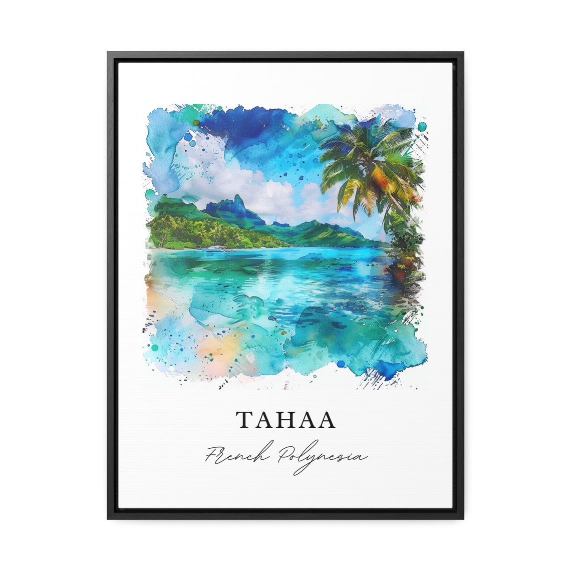 Tahaa French Polynesia Lagoon Palm Trees Watercolor Island Poster - Image 3