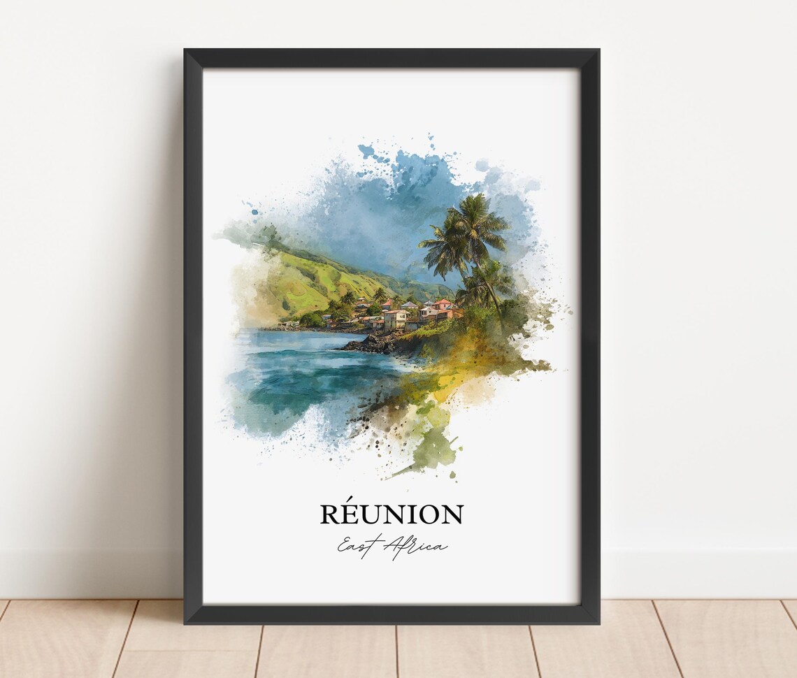 Reunion Island East Africa Tropical Coastal Village Watercolor Poster - Image 3