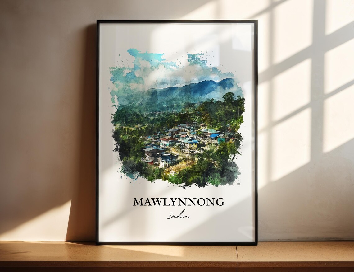 Mawlynnong India Watercolor Hillside Village Green Hills Poster