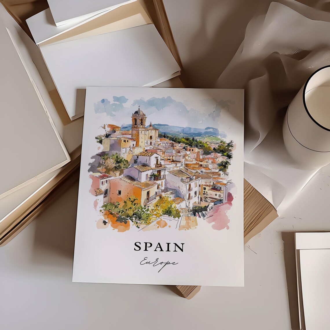Spain Europe White Hilltop Village Watercolor Old Town Poster - Image 6