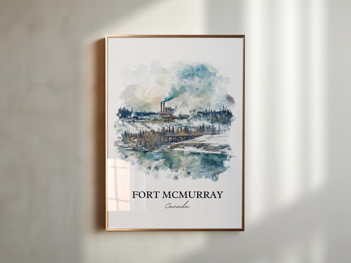 Fort McMurray Alberta Winter Industrial Skyline Watercolor Poster - Image 5