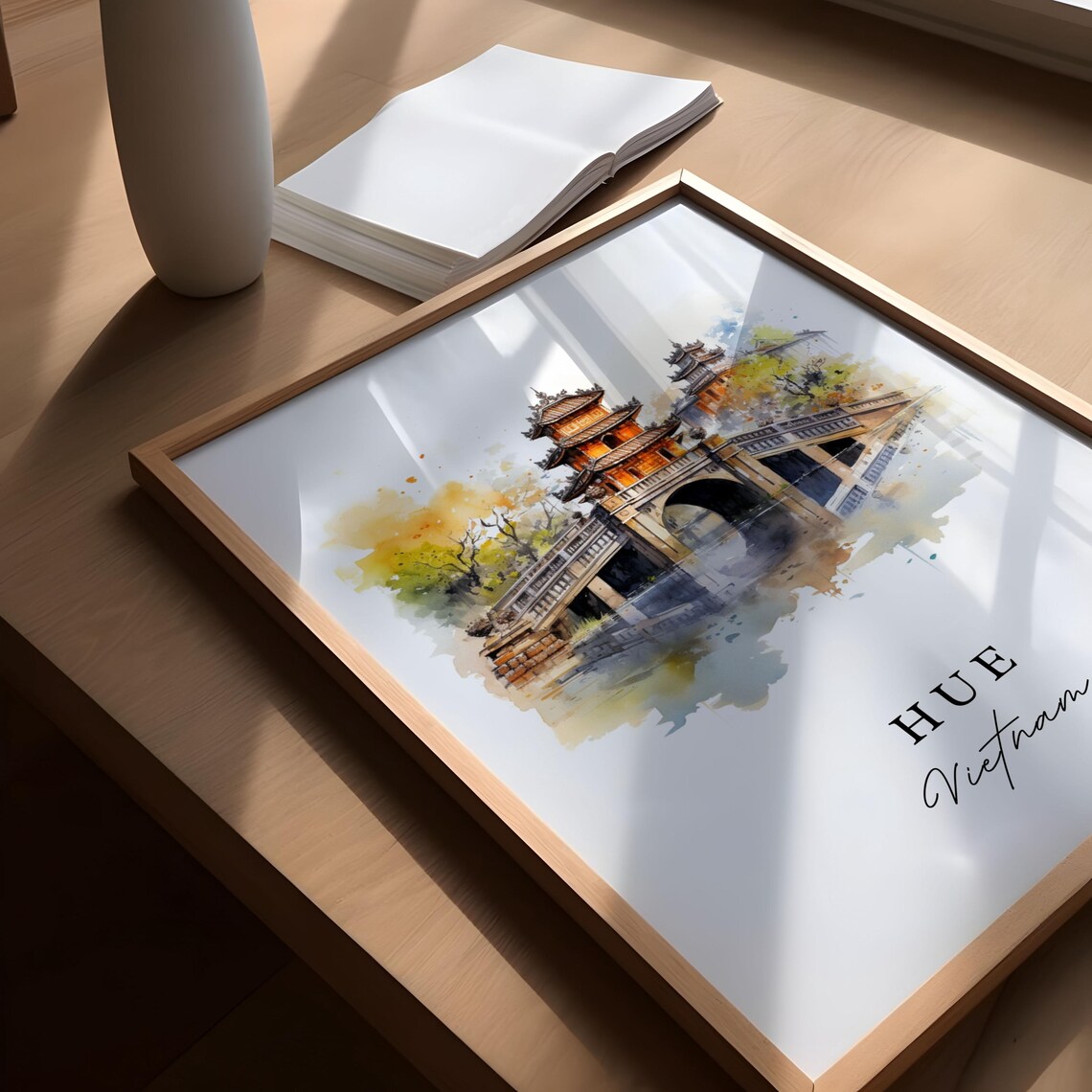 Hue Vietnam Watercolor Art Pagoda Bridge Imperial Old Town Poster - Image 5