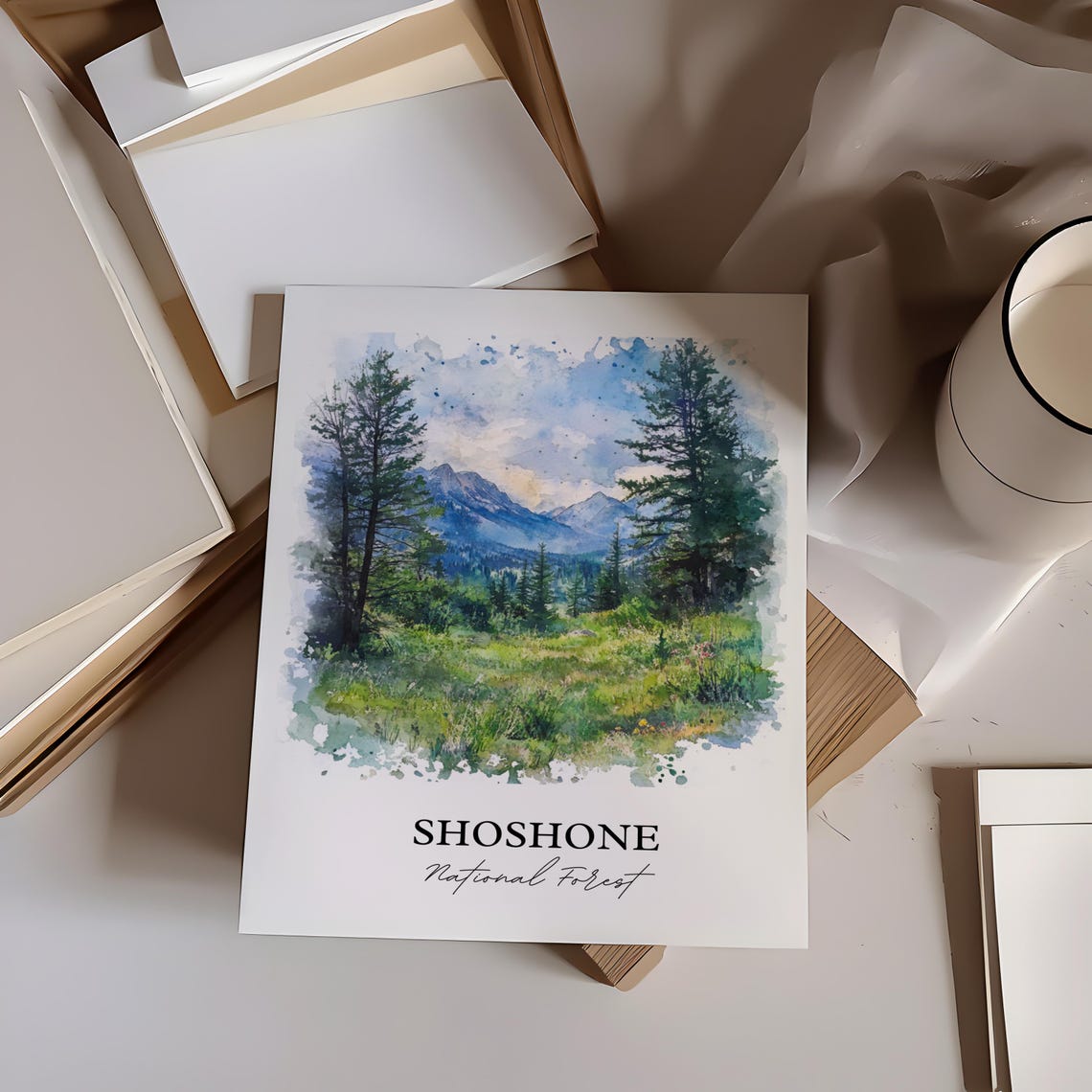 Shoshone National Forest Watercolor Pine Meadow Blue Mountains Poster - Image 4