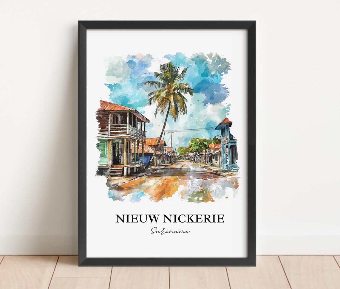 Nieuw Nickerie Suriname Watercolor Palm Lined Street Scene Poster - Image 5