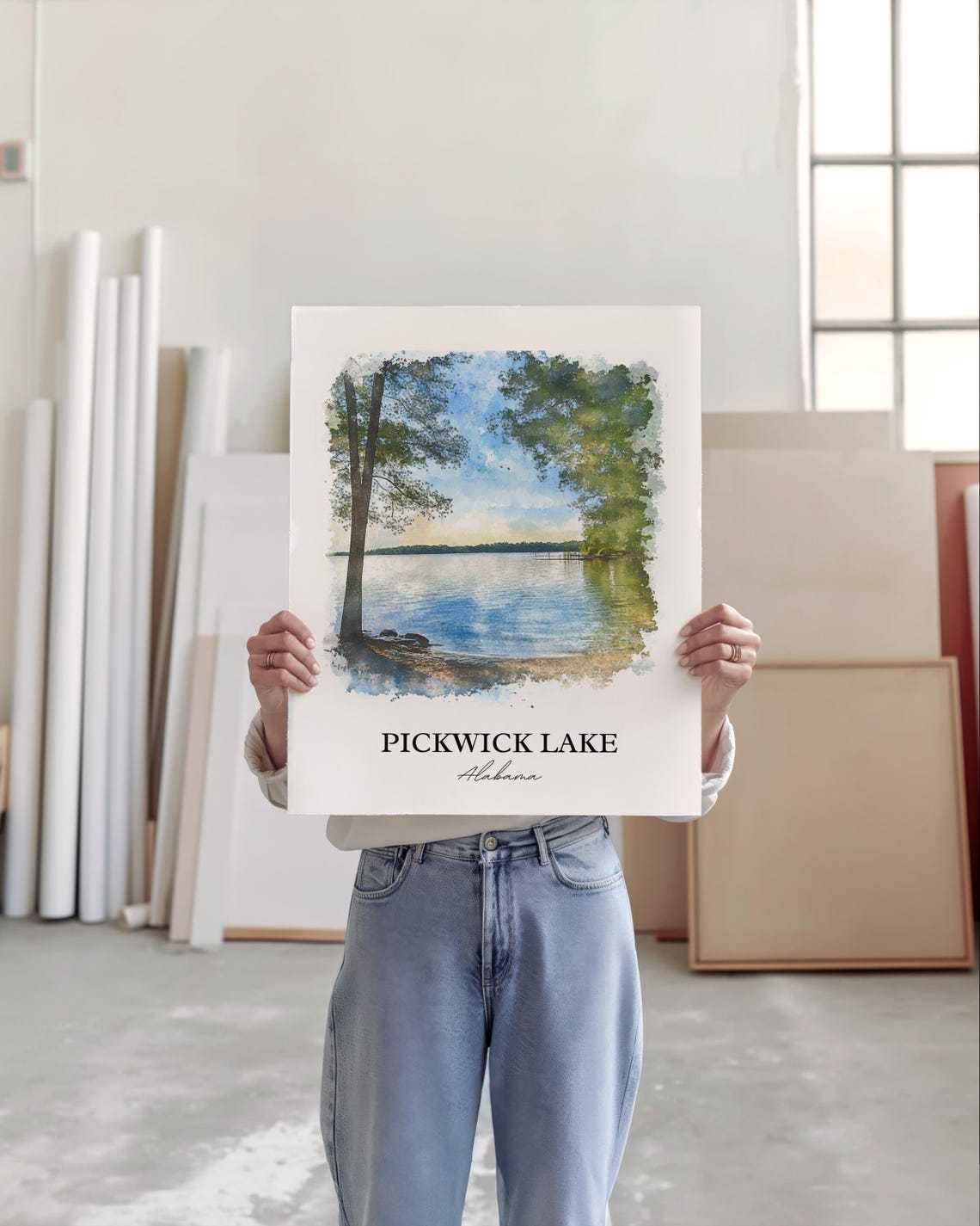 Pickwick Lake Alabama Tall Trees Framing Shore Watercolor Poster - Image 2