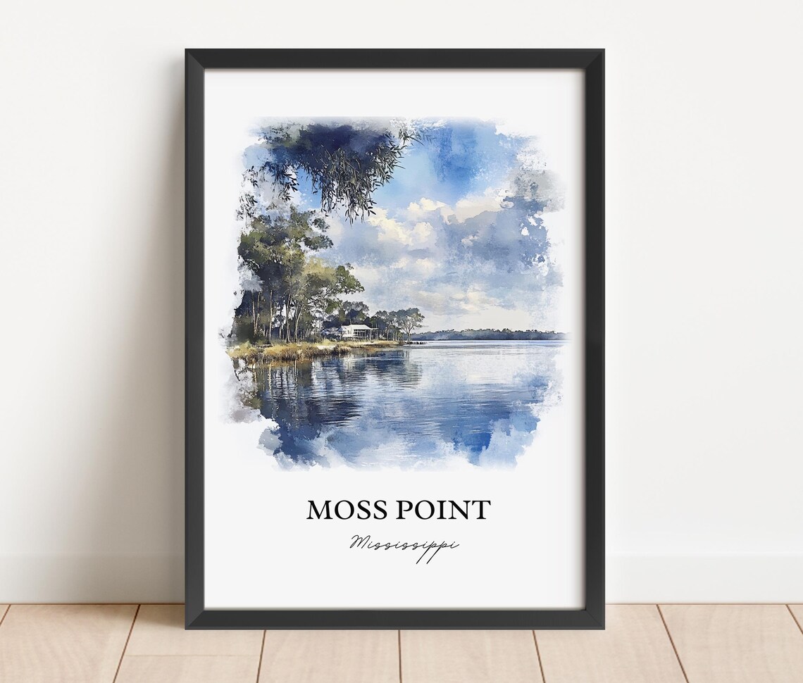 Moss Point Mississippi Calm Bay Water Trees Watercolor Art Poster - Image 5