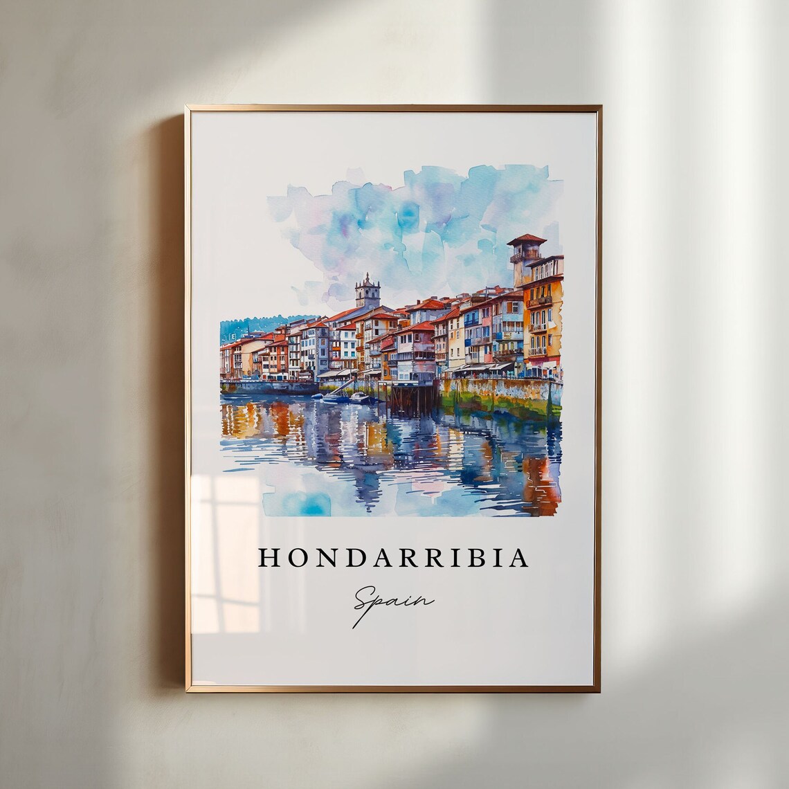 Hondarribia Spain Riverside Old Town Watercolor Travel Poster