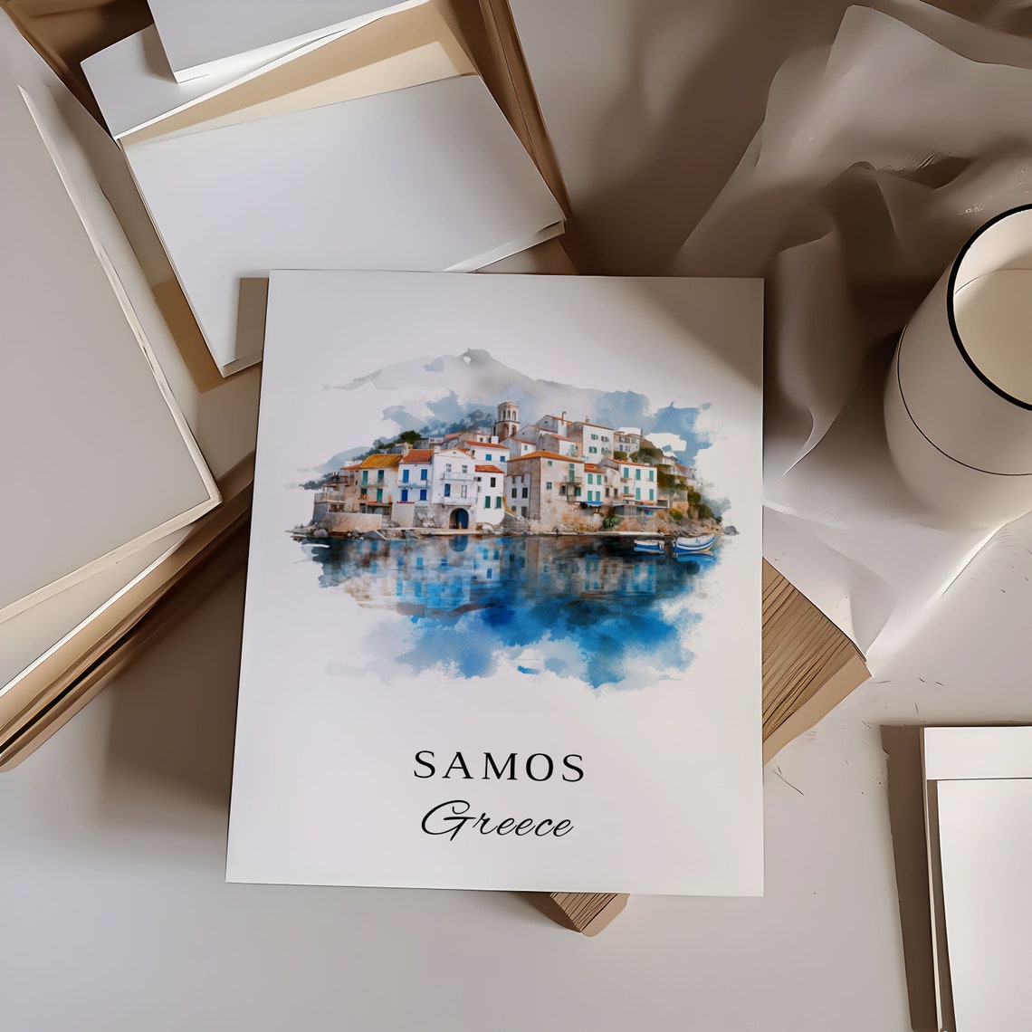Samos Greece Harbor Town Reflection Watercolor Island Travel Poster - Image 6