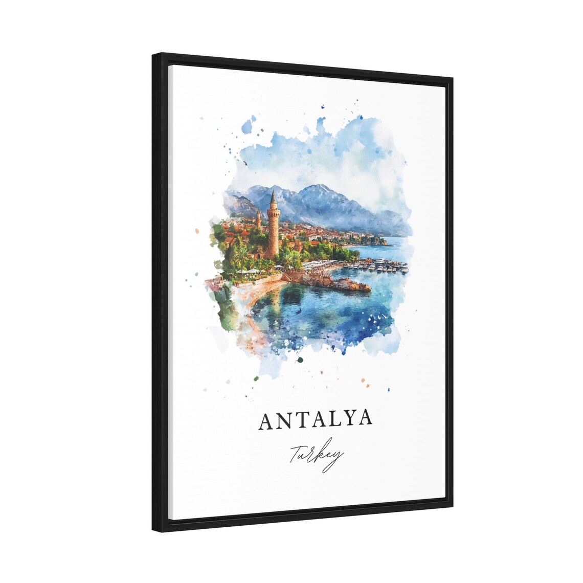 Antalya Turkey Watercolor Old Harbor Coast Mountain Travel Poster - Image 2